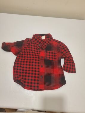 GAP 3-6 Month Red and Black Buffalo Plaid Button-Down Shirt